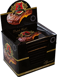 Chocolate caramel waffles single wrapped in a display carton
